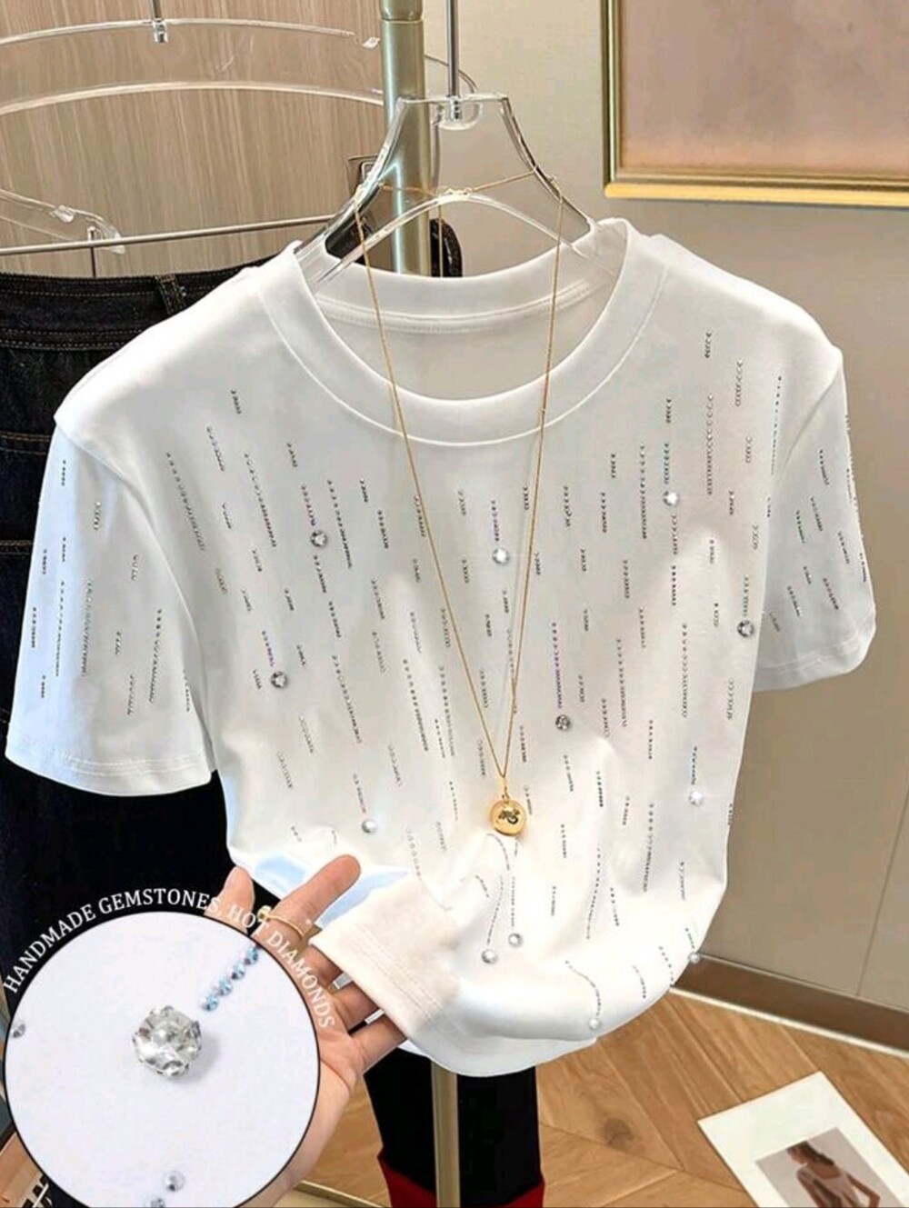 Ladies Regular Short Sleeve Round Neck T-Shirt With Shiny Beads And Rhine